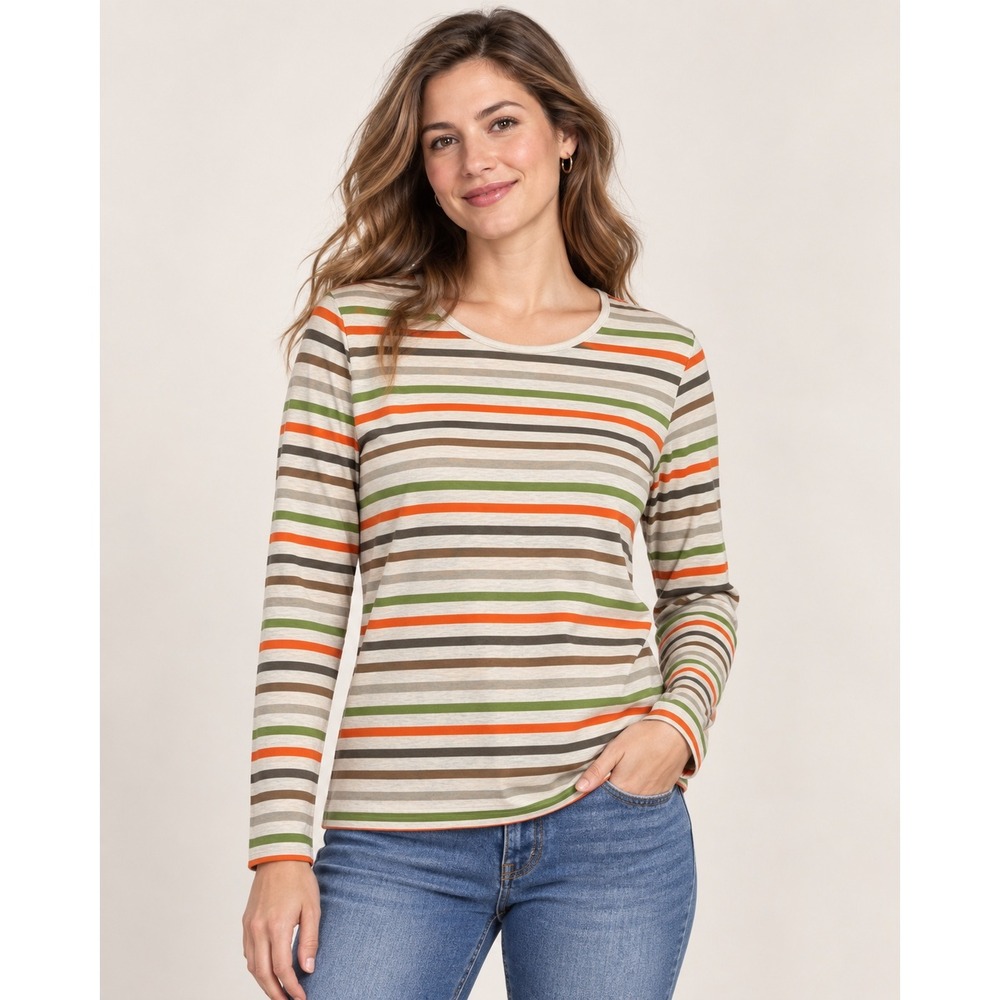 Mountain Lake Womens XL Long Sleeve Striped Crew Neck Tee Orange Green Brown